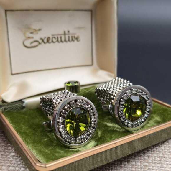 EXECUTIVE Crystal Cuff Links And Tie Tack Set Vintage B840 - Picture 2 of 7